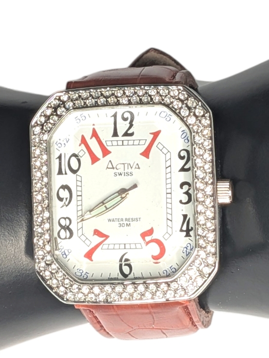 Activa Accessories - Vintage Activa Watch Swiss Rhinestone Crystal Bezel Brown Faux Croc Strap 30M